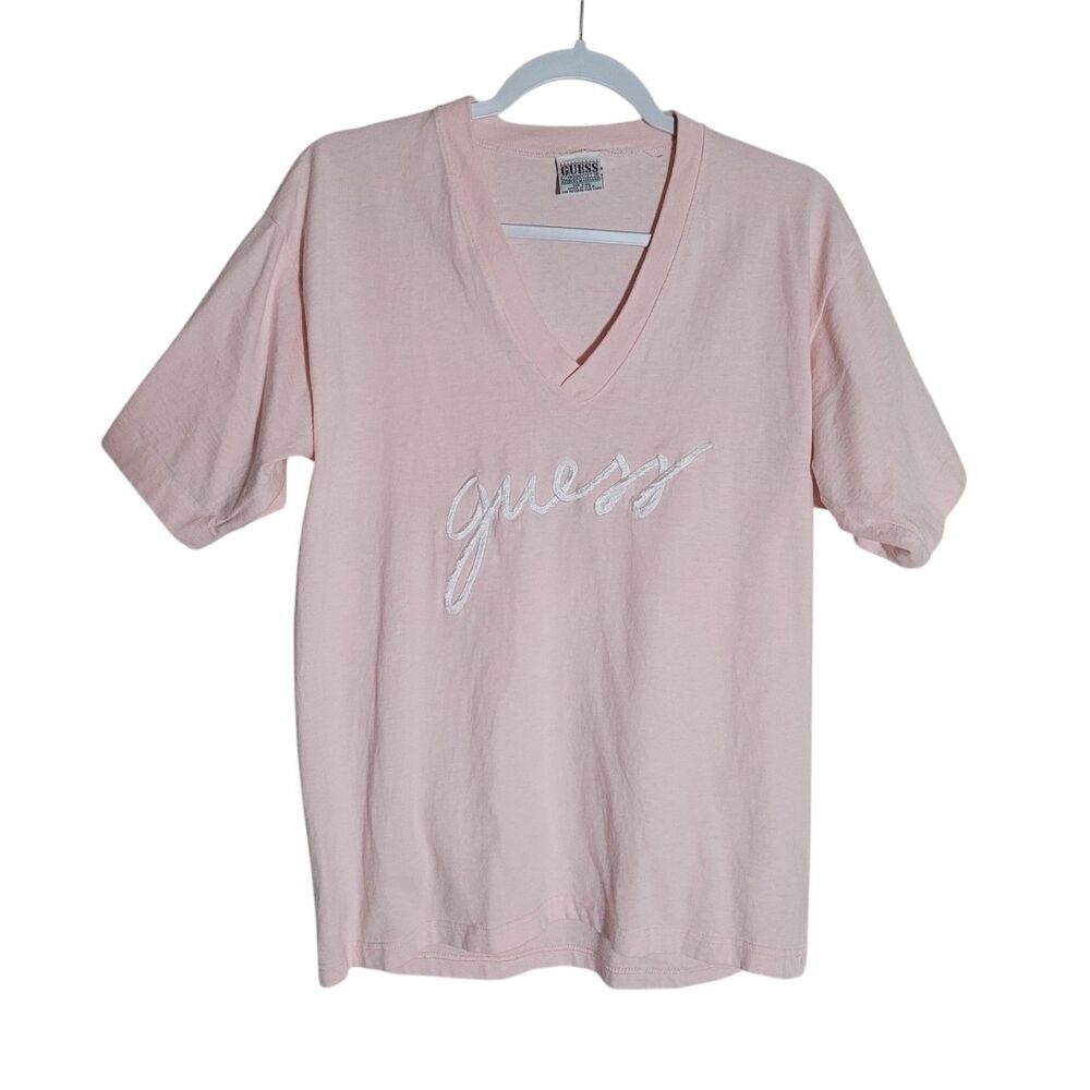 Vintage Guess Single Stitch Tee Shirt One Size Pink Embroidered Logo V Neck USA